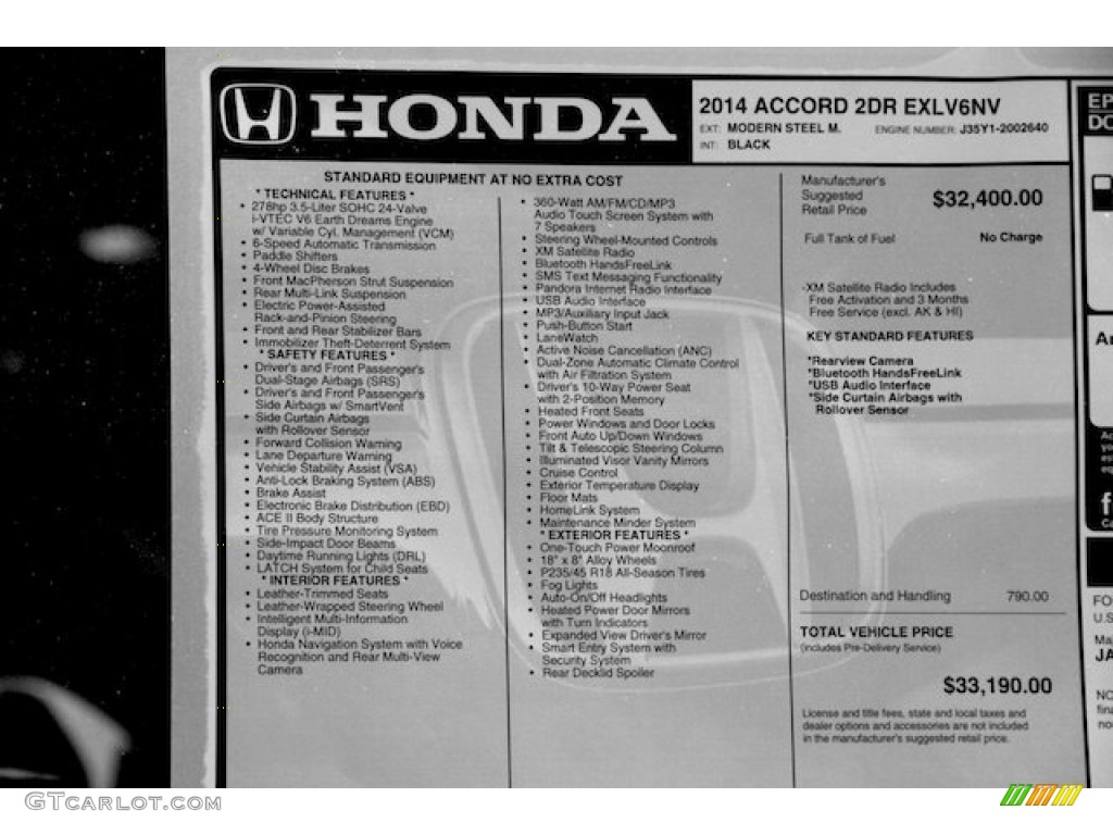 2014 Honda Accord EX-L V6 Coupe Window Sticker Photo #86104210