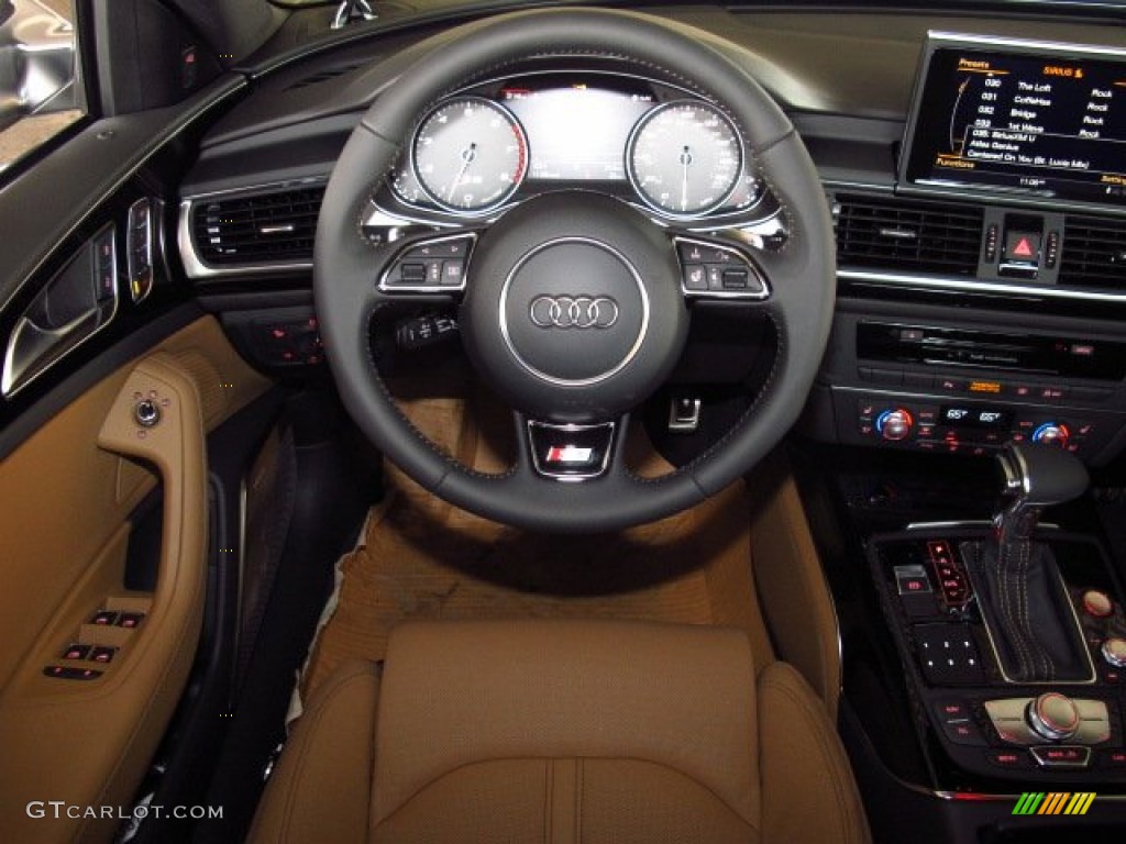 2014 Audi S6 Prestige quattro Sedan Havana Brown Audi Exclusive Steering Wheel Photo #86105500