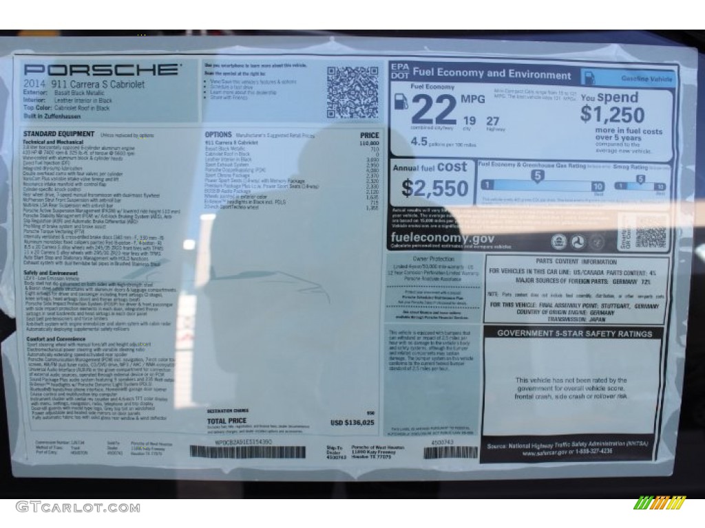 2014 Porsche 911 Carrera S Cabriolet Window Sticker Photo #86123661