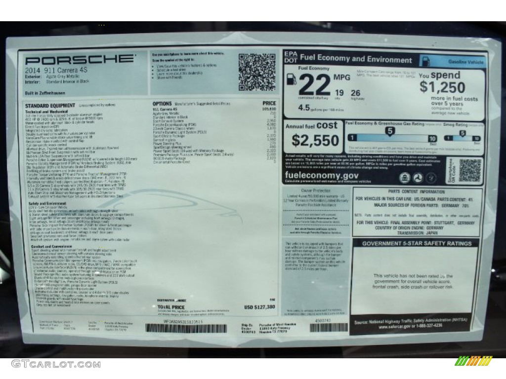 2014 Porsche 911 Carrera 4S Coupe Window Sticker Photo #86124378