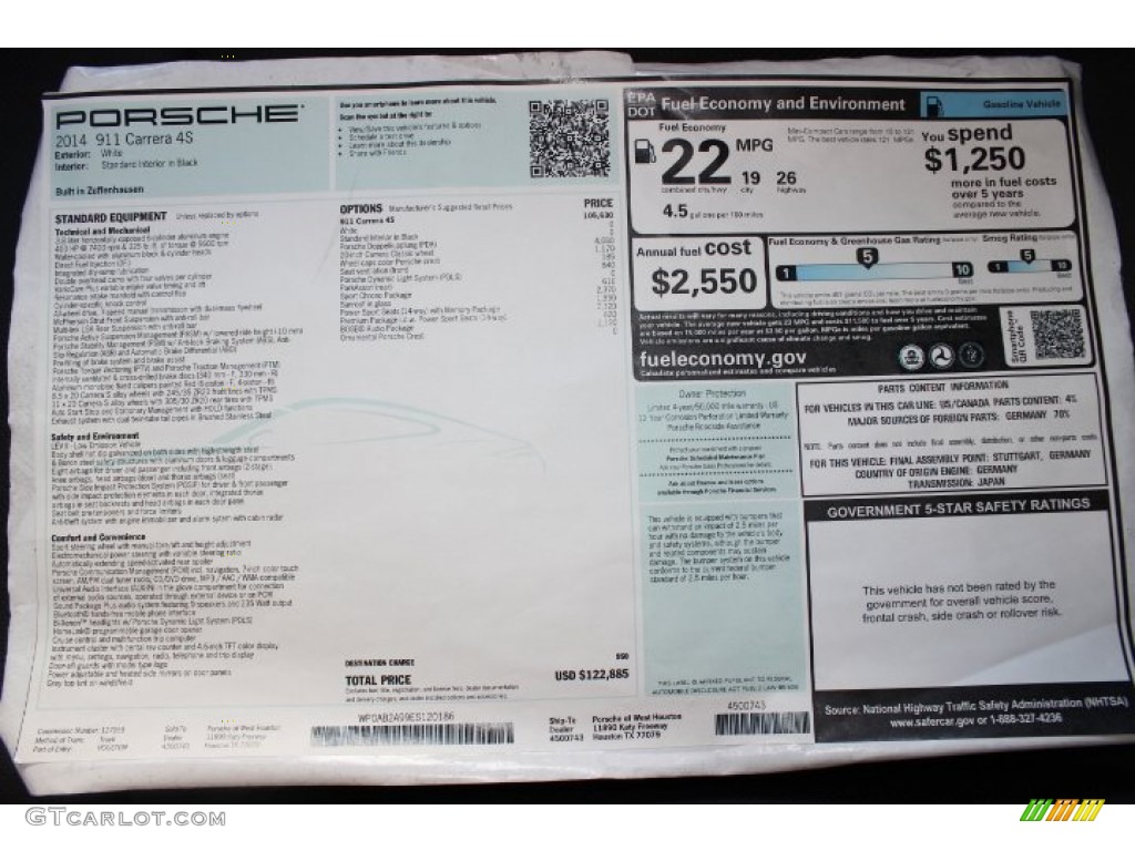 2014 Porsche 911 Carrera 4S Coupe Window Sticker Photo #86125122