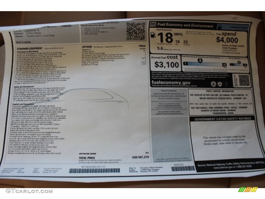 2014 Porsche Cayenne S Window Sticker Photo #86127471