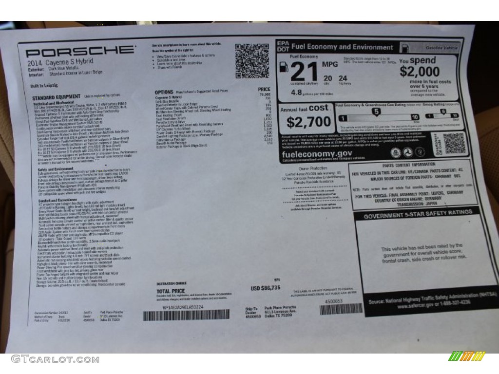 2014 Porsche Cayenne S Hybrid Window Sticker Photo #86128394
