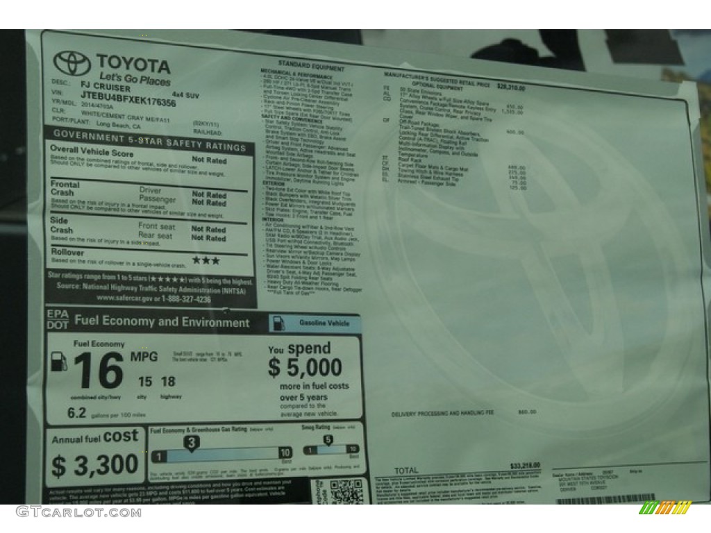 2014 Toyota FJ Cruiser 4WD Window Sticker Photo #86152299