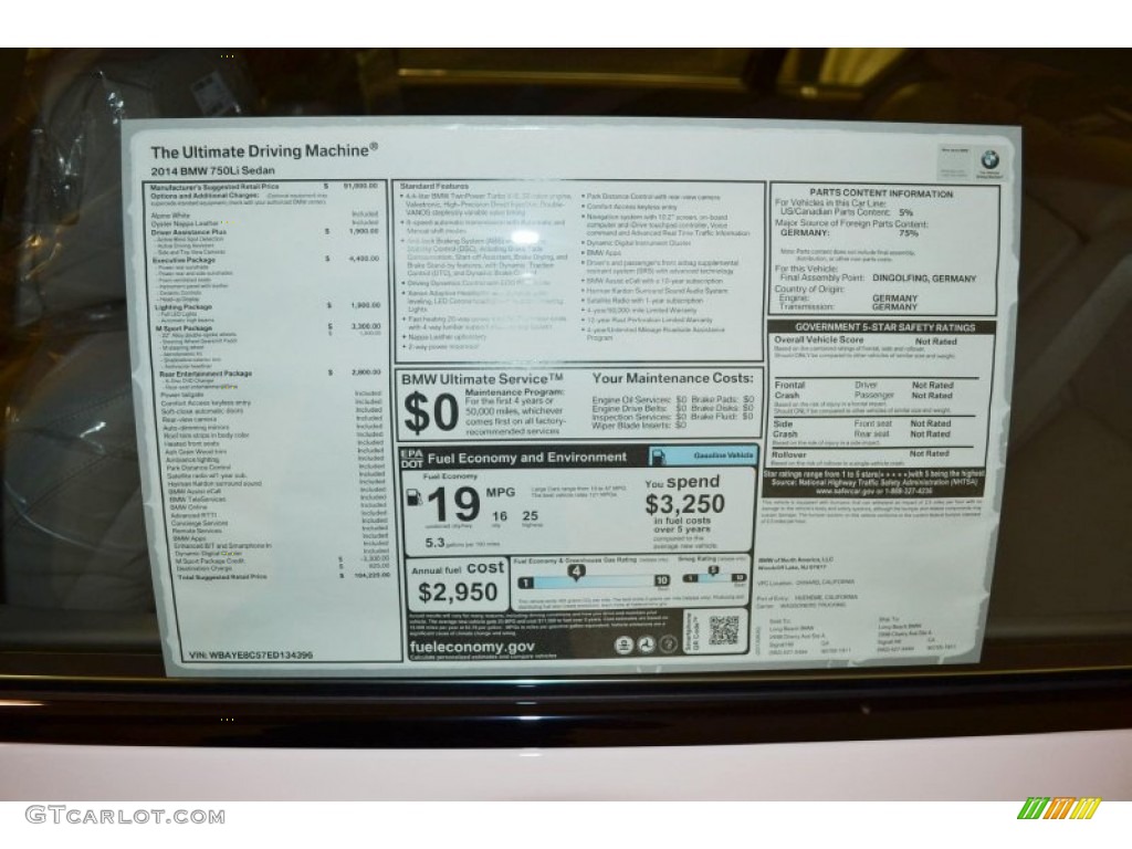 2014 BMW 7 Series 750Li Sedan Window Sticker Photo #86172071