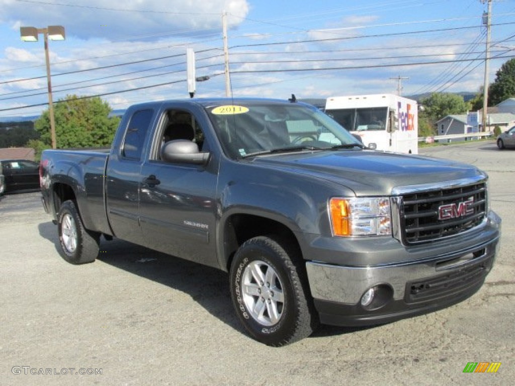 2011 Sierra 1500 SLE Extended Cab 4x4 - Gray Green Metallic / Ebony photo #8