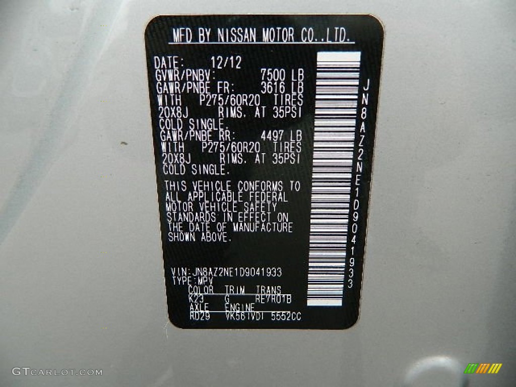 2013 QX Color Code K23 for Liquid Platinum Photo #86233175