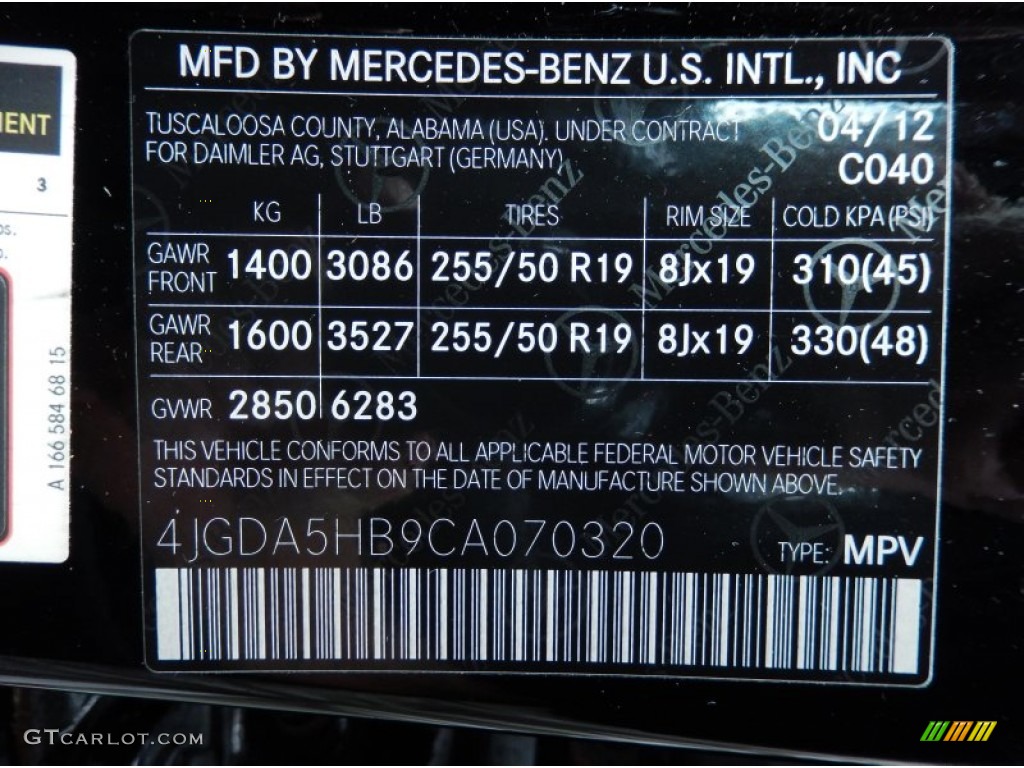 2012 Mercedes-Benz ML 350 4Matic Color Code Photos