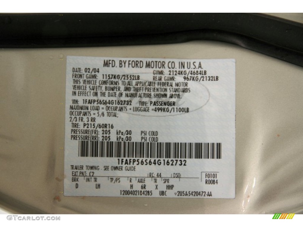 2004 Ford Taurus SEL Sedan Color Code Photos