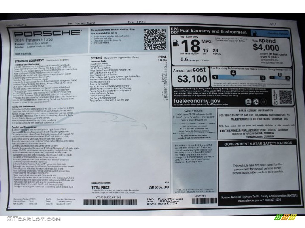 2014 Porsche Panamera Turbo Window Sticker Photo #86310024