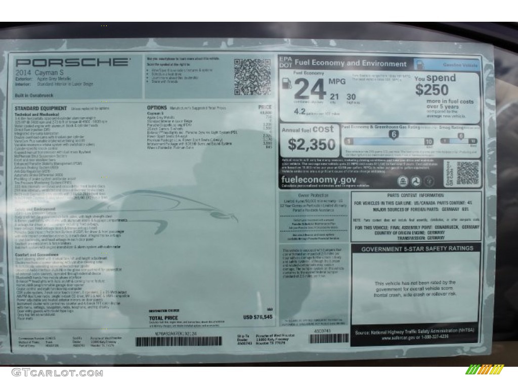 2014 Porsche Cayman S Window Sticker Photo #86310777