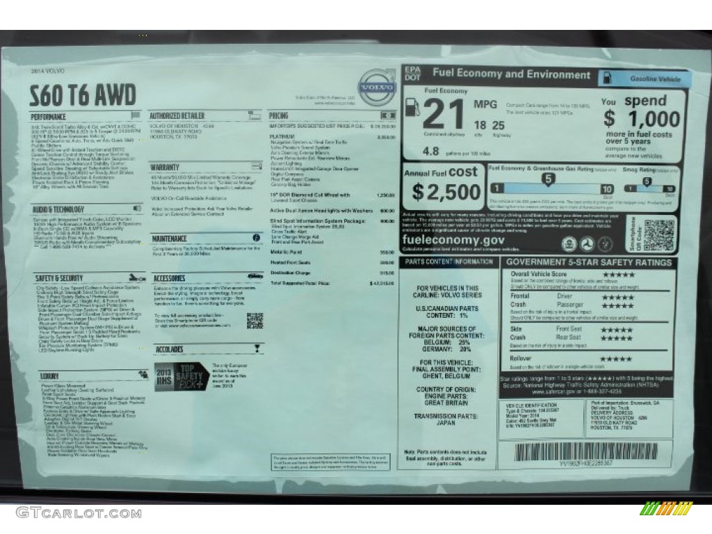 2014 Volvo S60 T6 AWD Window Sticker Photo #86386254
