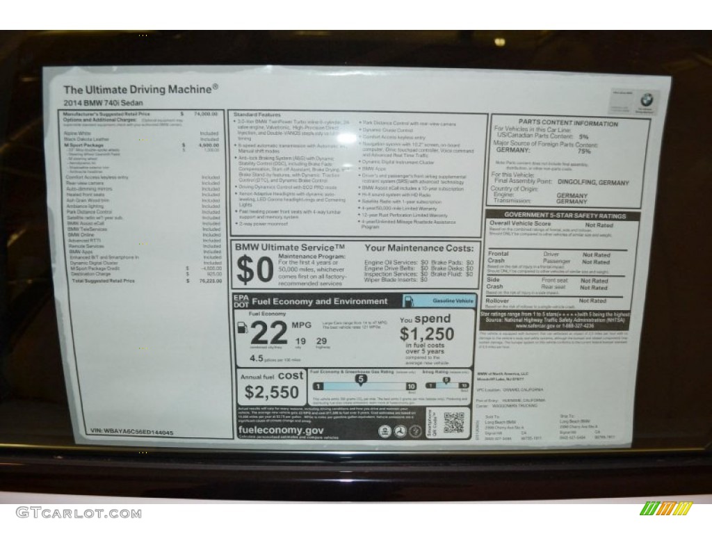 2014 BMW 7 Series 740i Sedan Window Sticker Photo #86407916