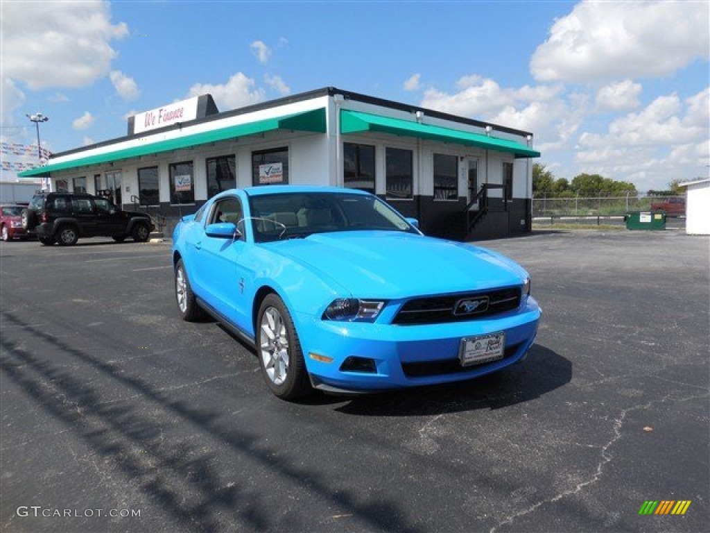 2010 Mustang V6 Premium Coupe - Grabber Blue / Stone photo #1