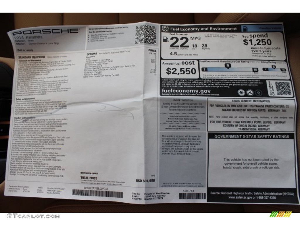 2014 Porsche Panamera Standard Panamera Model Window Sticker Photo #86457452