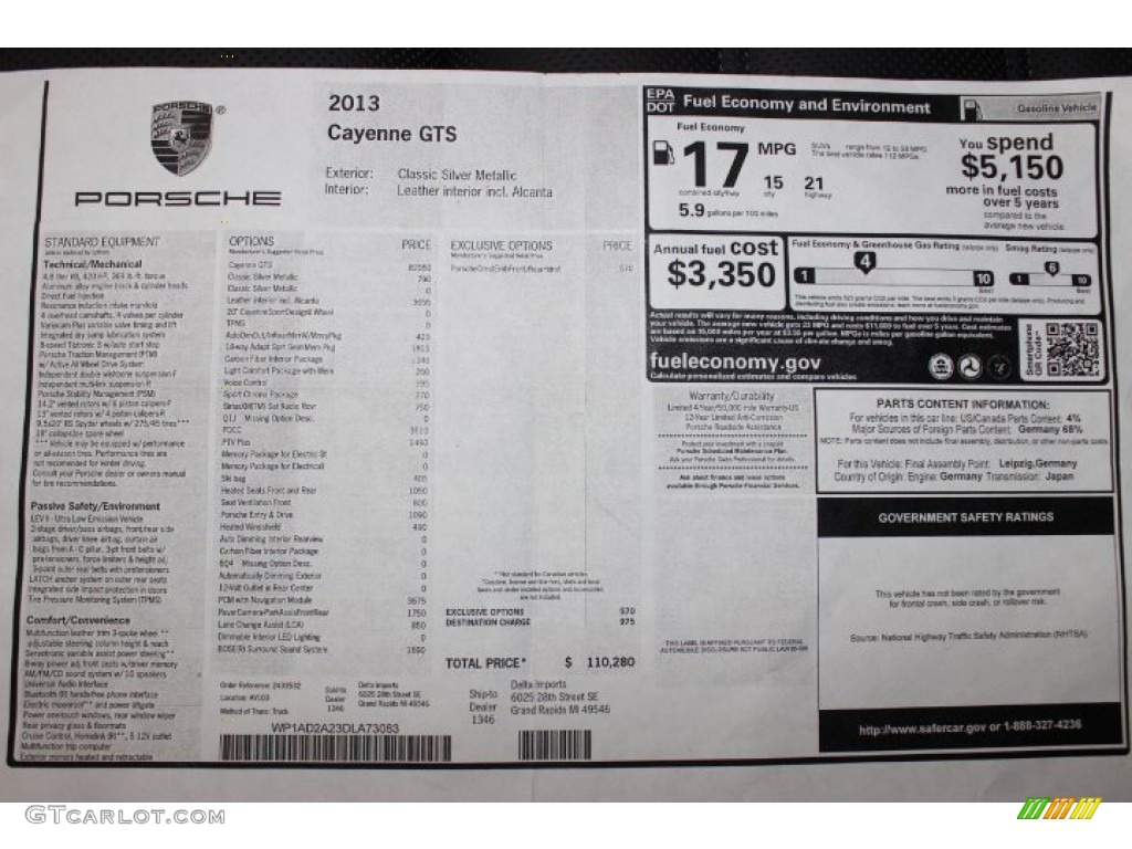 2013 Porsche Cayenne GTS Window Sticker Photo #86460450