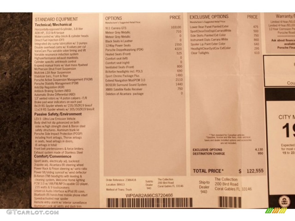 2012 Porsche 911 Carrera GTS Coupe Window Sticker Photo #86479311