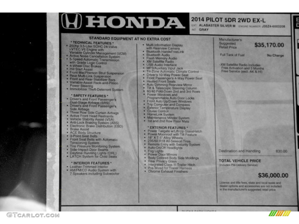 2014 Honda Pilot EX-L Window Sticker Photo #86492682