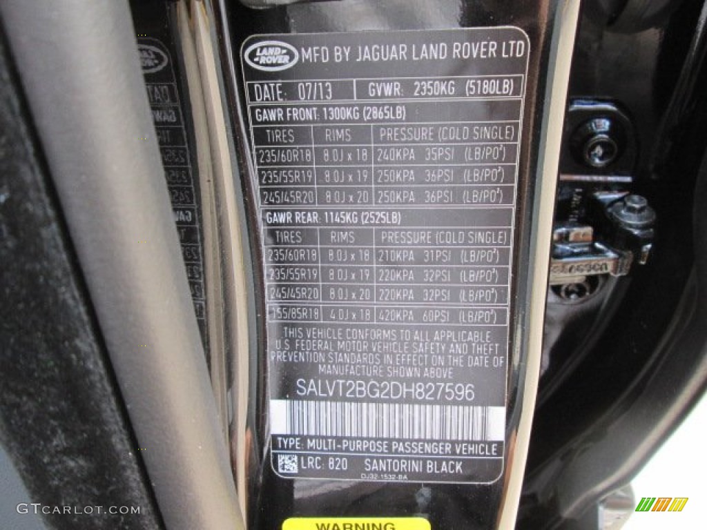 2013 Range Rover Evoque Color Code 820 for Santorini Black Metallic Photo #86536843