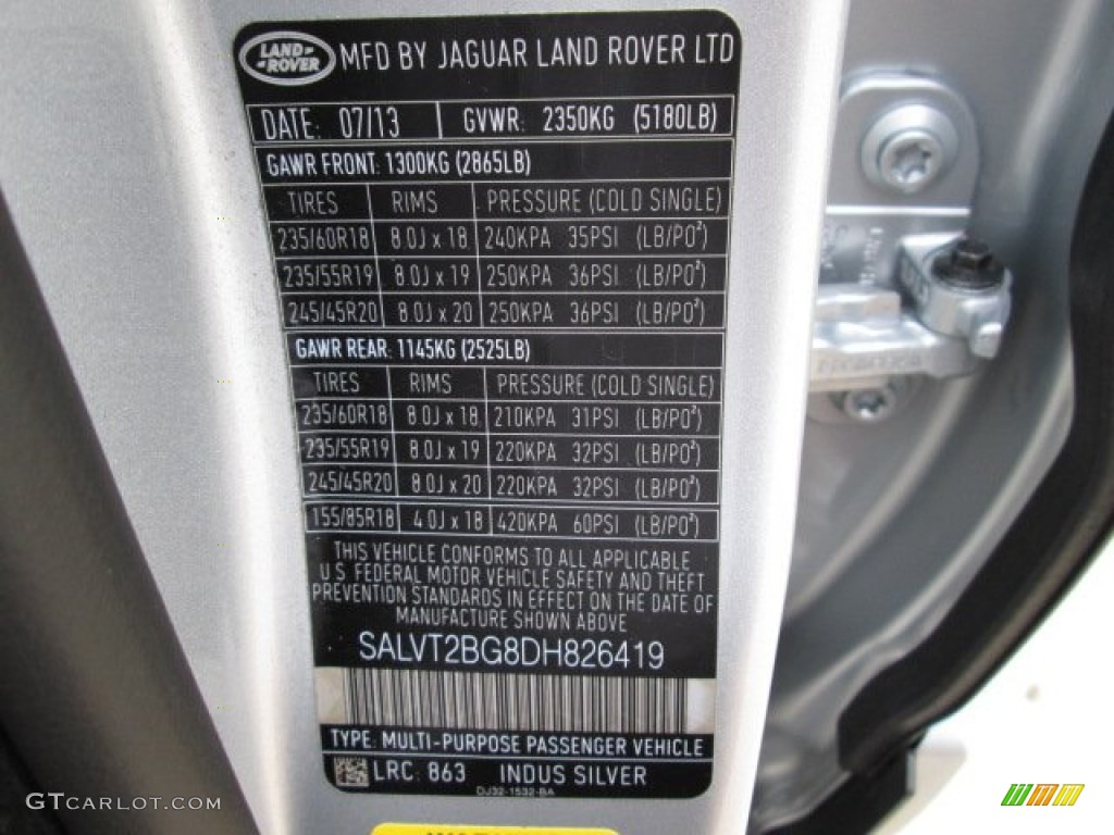 2013 Range Rover Evoque Color Code 863 for Indus Silver Metallic Photo #86537334