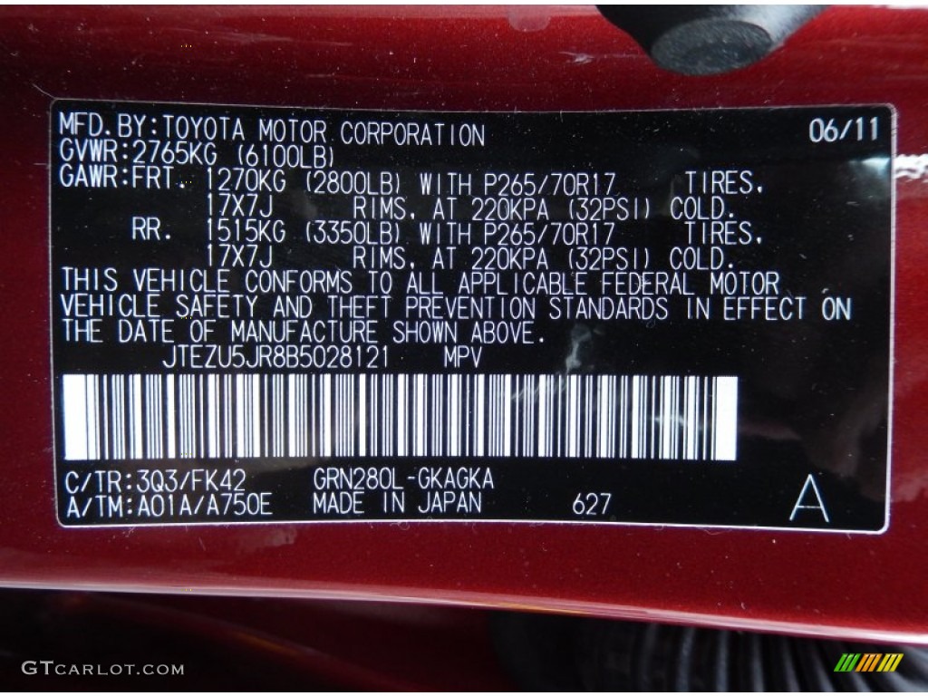 2011 Toyota 4Runner SR5 Color Code Photos