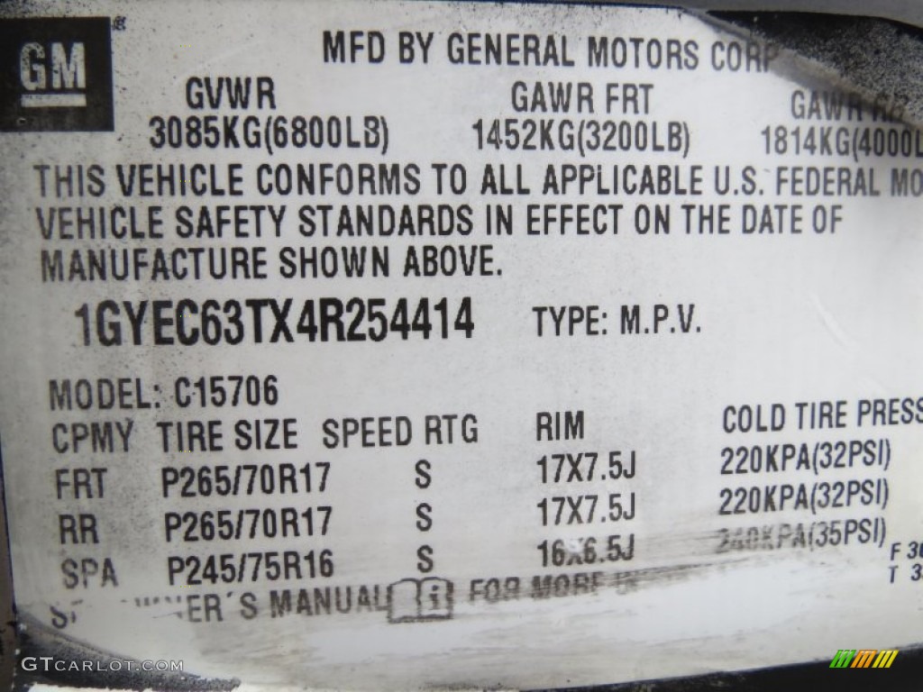 2004 Cadillac Escalade Standard Escalade Model Info Tag Photos