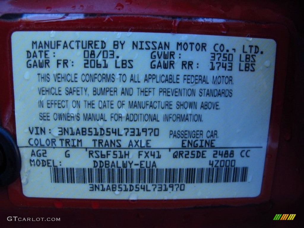 2004 Sentra Color Code AG2 for Aztec Red Photo #86611659