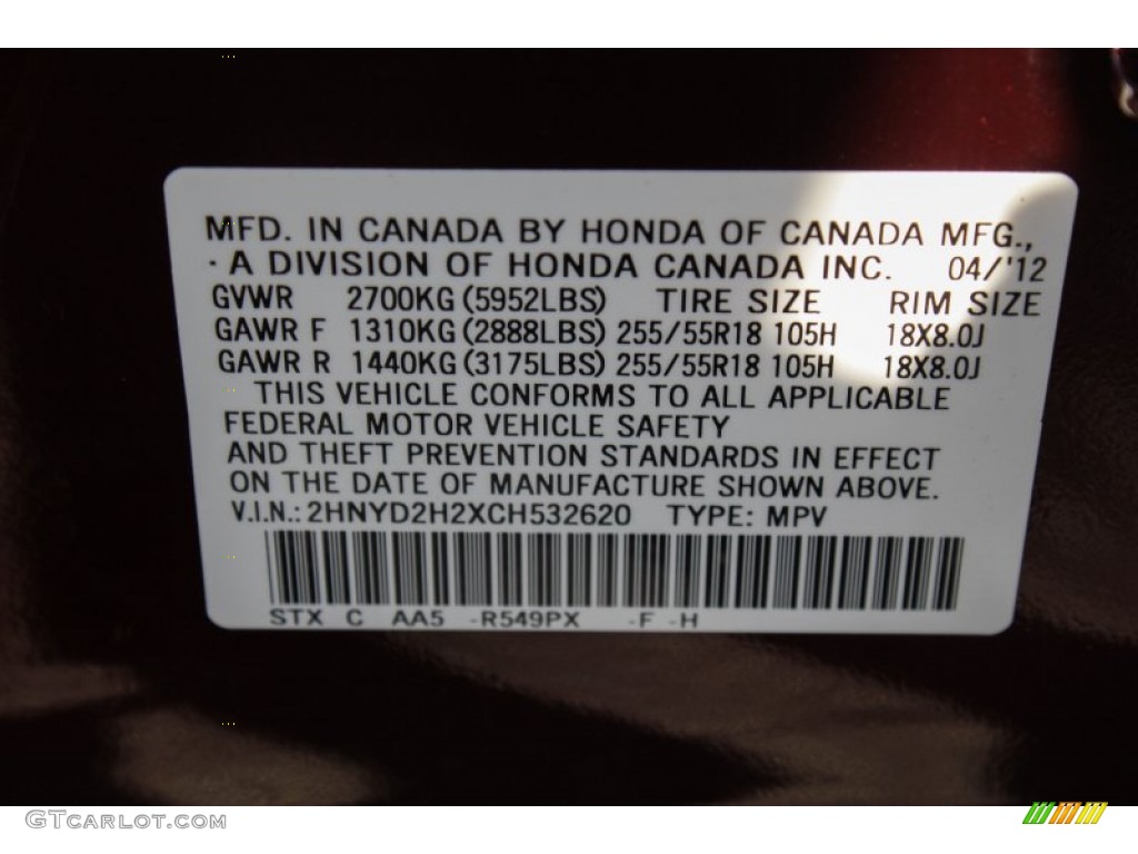 2012 Acura MDX SH-AWD Color Code Photos