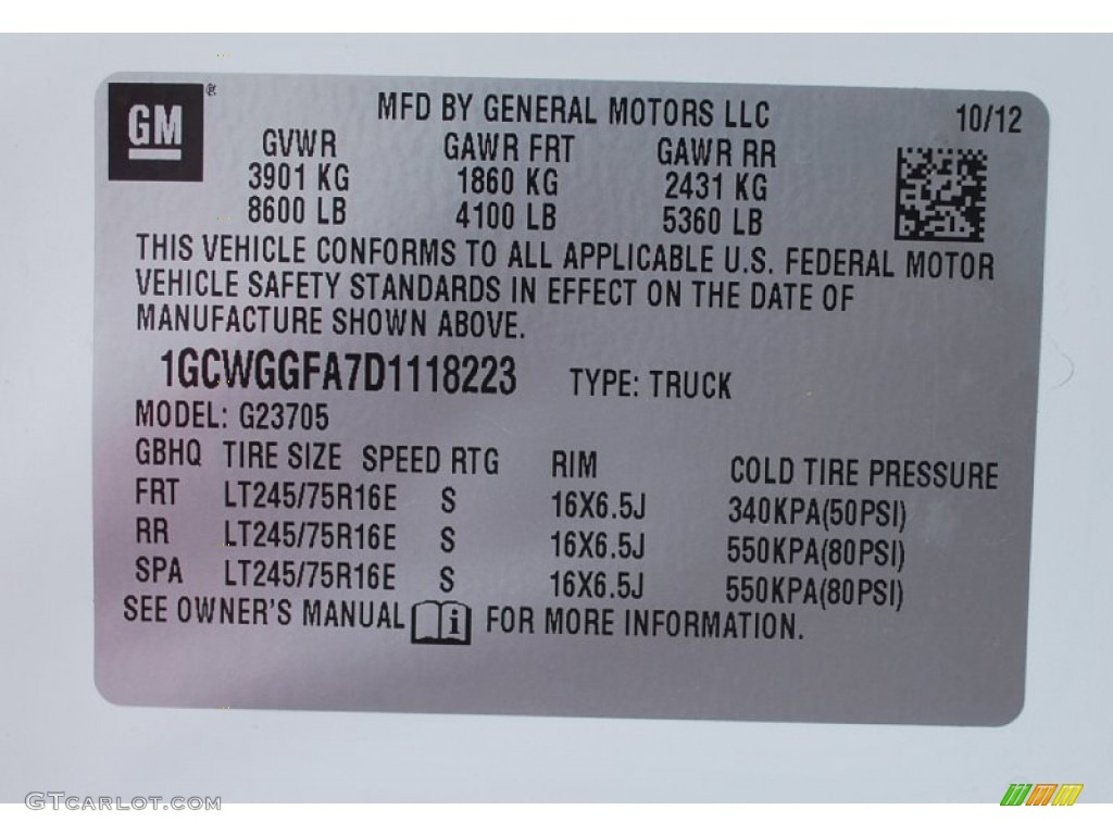 2013 Chevrolet Express 2500 Cargo Van Info Tag Photo #86627506
