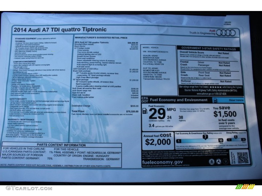 2014 Audi A7 3.0 TDI quattro Prestige Window Sticker Photo #86674141