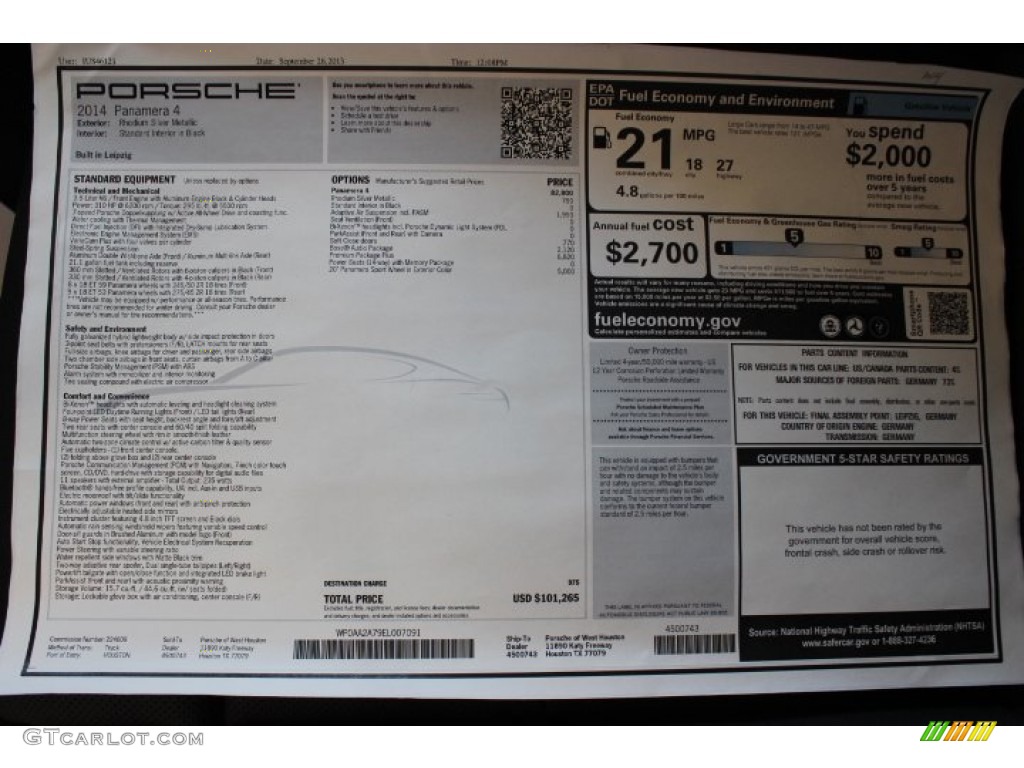2014 Porsche Panamera 4 Window Sticker Photo #86674516