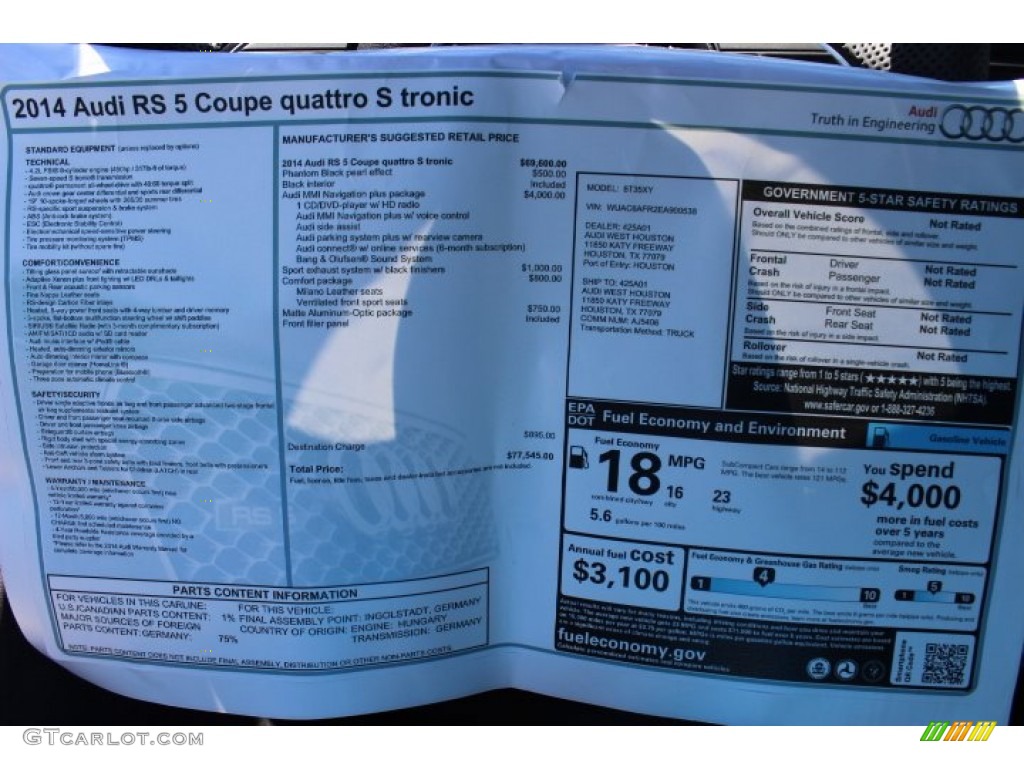 2014 Audi RS 5 Coupe quattro Window Sticker Photo #86674897
