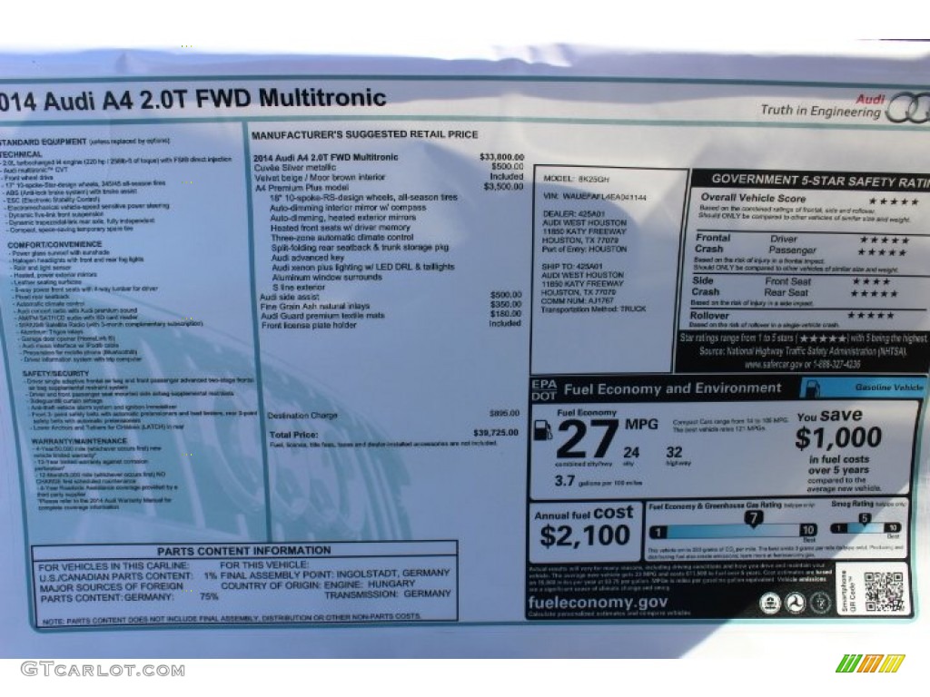 2014 Audi A4 2.0T Sedan Window Sticker Photo #86675008