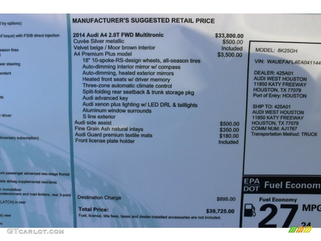 2014 Audi A4 2.0T Sedan Window Sticker Photo #86675011