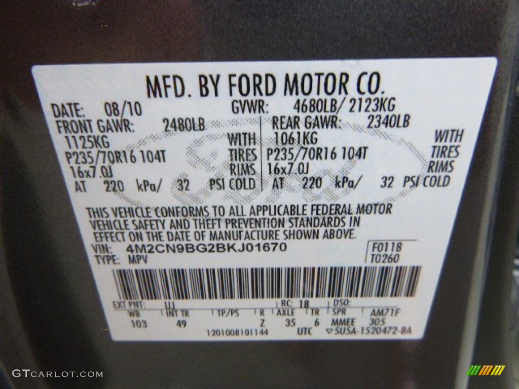 2011 Mercury Mariner V6 AWD Color Code Photos