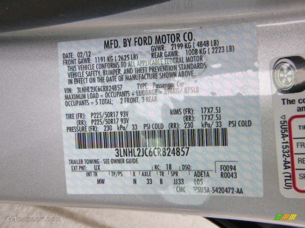 2012 MKZ Color Code UX for Ingot Silver Metallic Photo #86686131