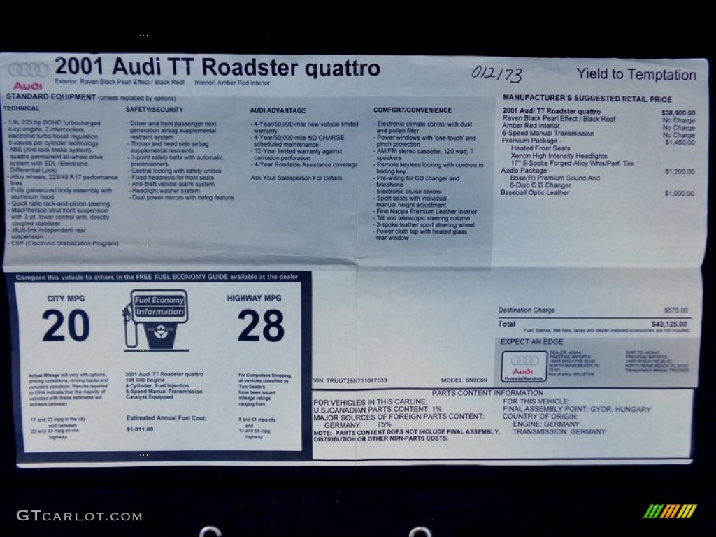 2001 Audi TT 1.8T quattro Roadster Window Sticker Photo #86689406
