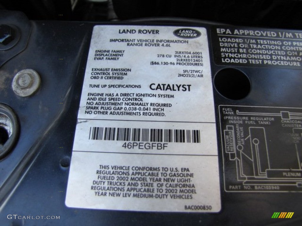 2002 Land Rover Range Rover 4.6 HSE Info Tag Photos