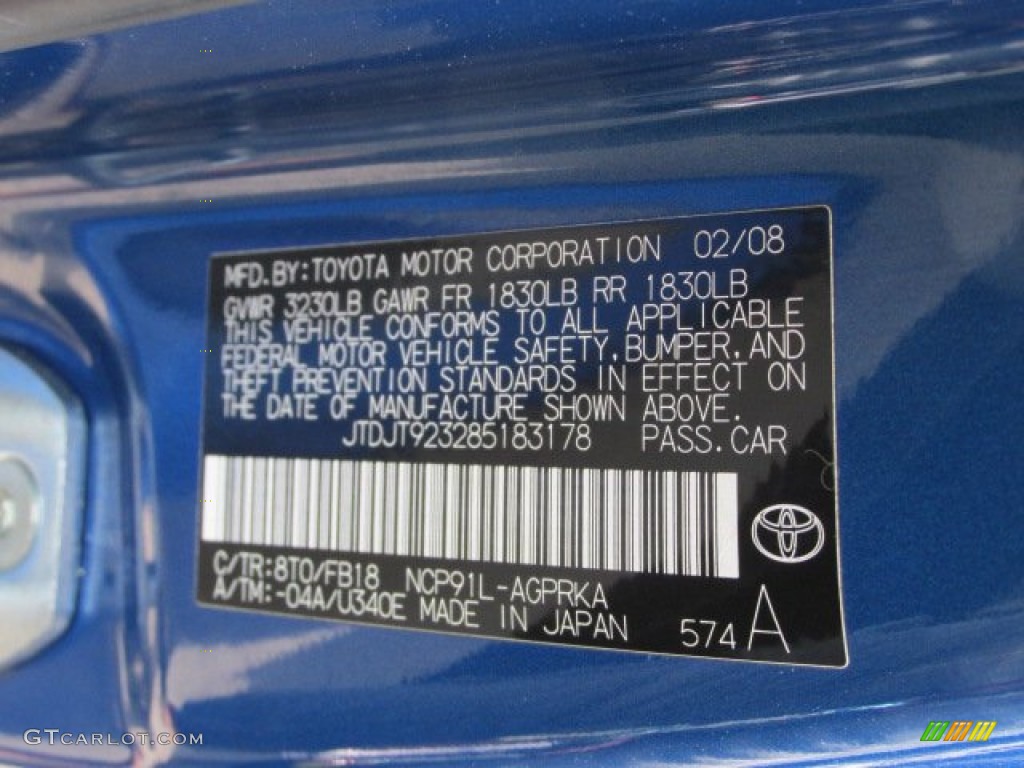 2008 Yaris Color Code 8T0 for Blazing Blue Pearl Photo #86703006