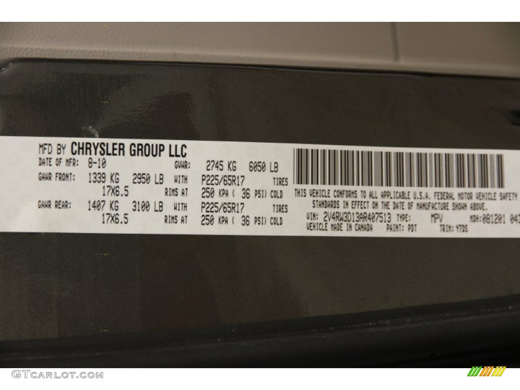 2010 Volkswagen Routan SE Color Code Photos