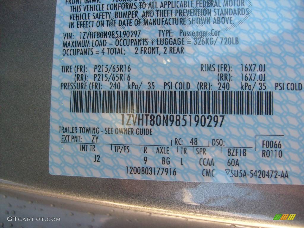 2008 Mustang Color Code ZY for Vapor Silver Metallic Photo #867311