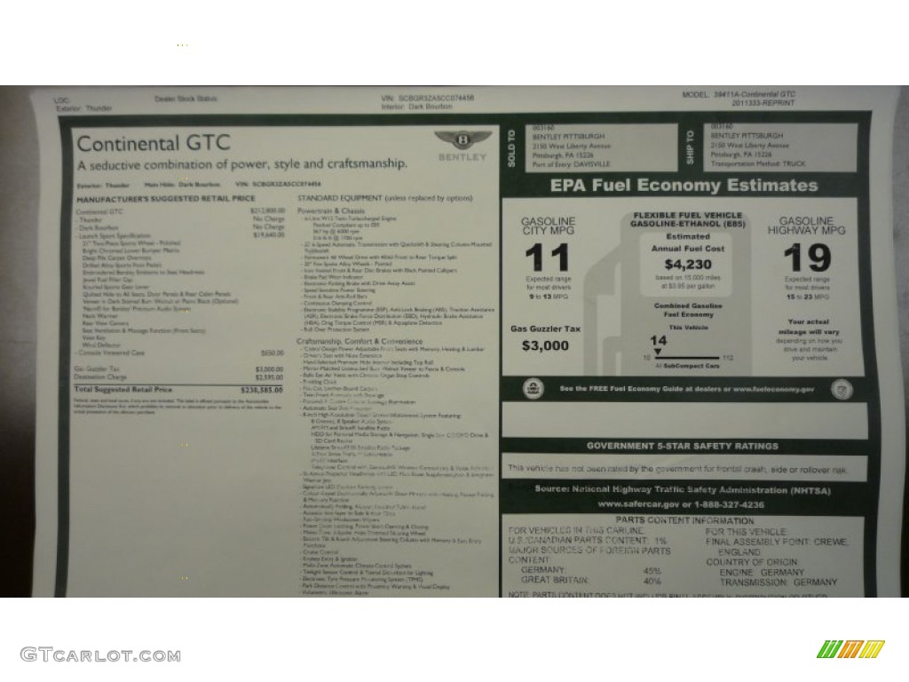 2012 Bentley Continental GTC Standard Continental GTC Model Window Sticker Photo #86866320
