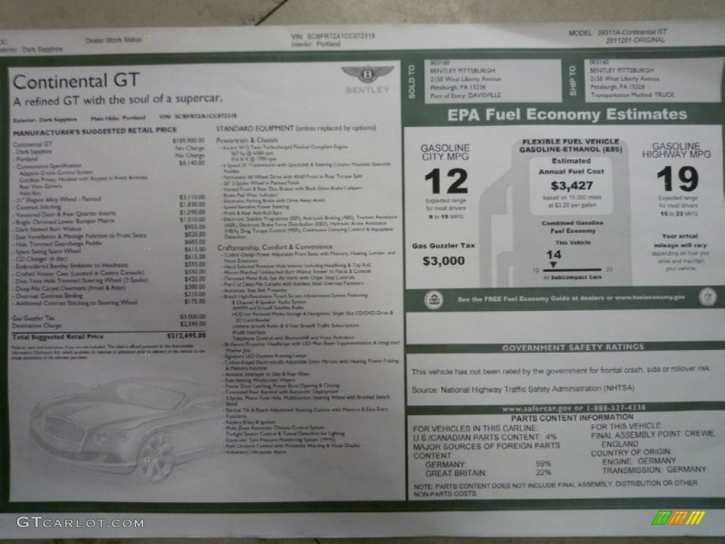 2012 Bentley Continental GT Standard Continental GT Model Window Sticker Photo #86867655
