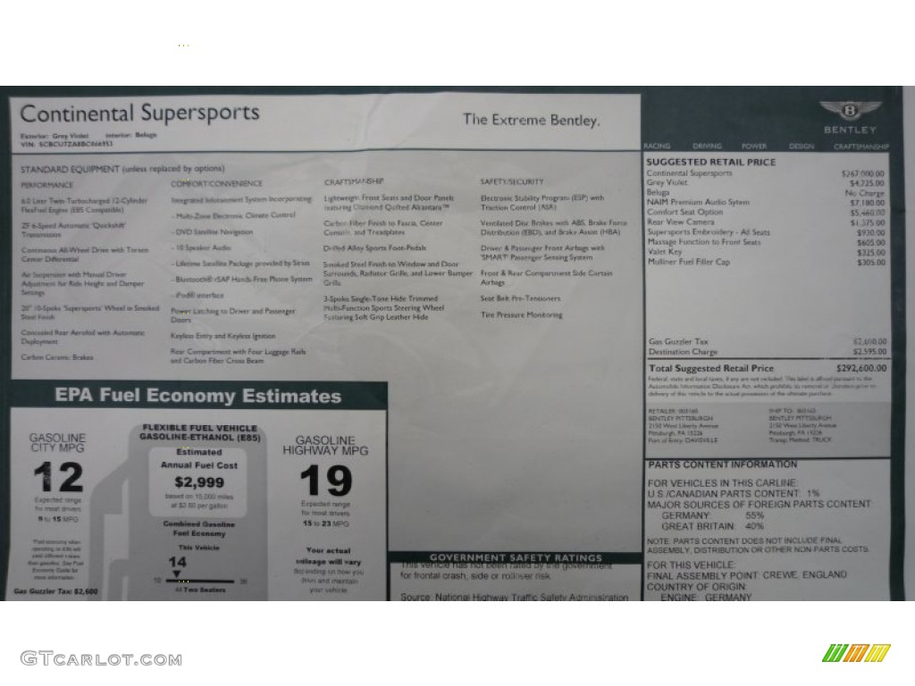 2011 Bentley Continental GT Supersports Window Sticker Photo #86868375