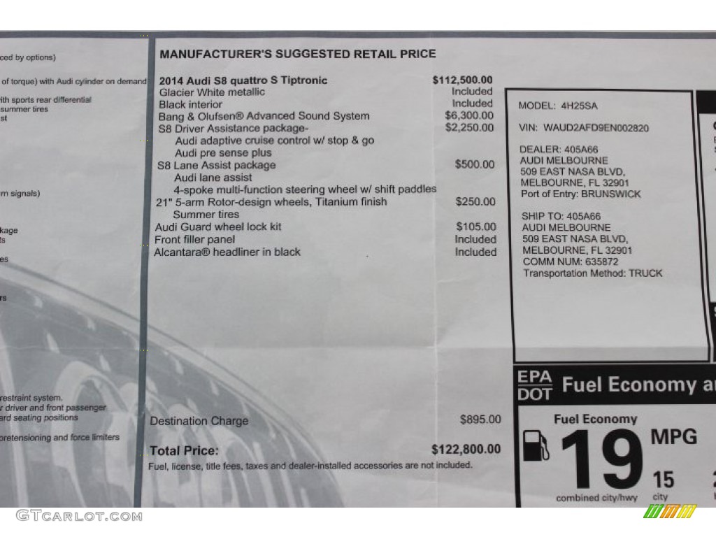 2014 Audi S8 quattro S Window Sticker Photo #86909260