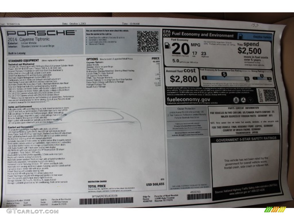 2014 Porsche Cayenne Standard Cayenne Model Window Sticker Photo #86910970