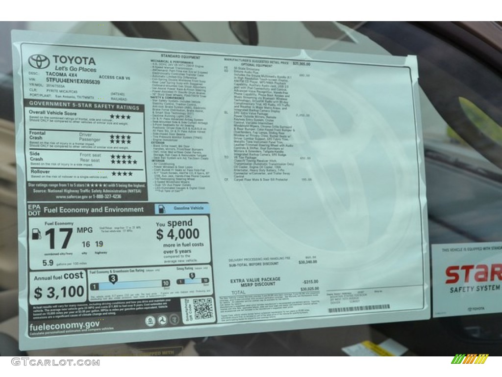 2014 Toyota Tacoma V6 Access Cab 4x4 Window Sticker Photo #86924716