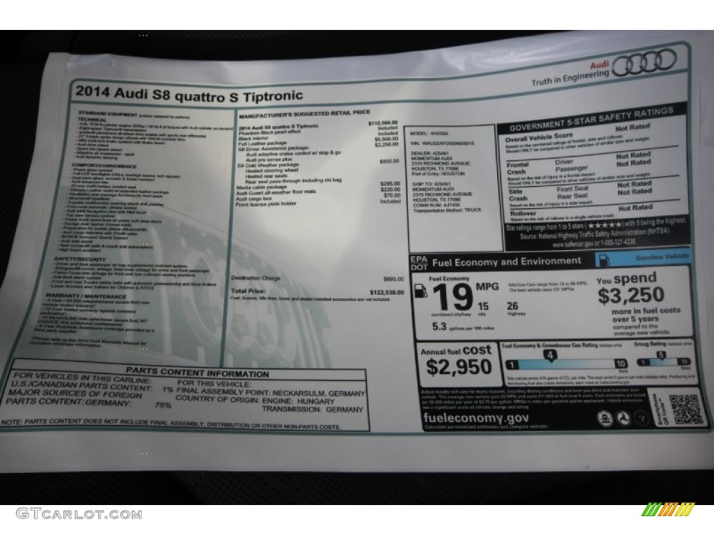2014 Audi S8 quattro S Window Sticker Photo #86929729