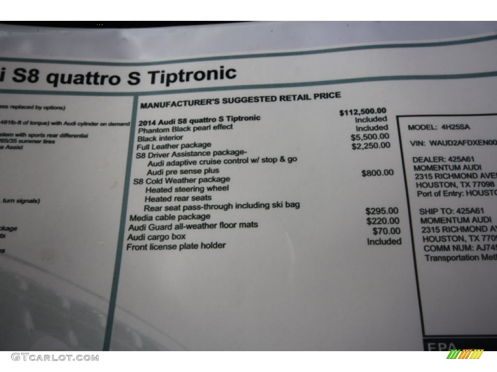 2014 Audi S8 quattro S Window Sticker Photo #86929741