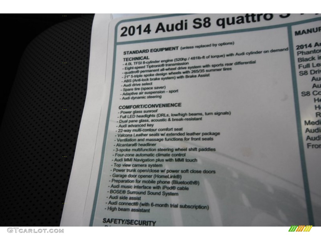 2014 Audi S8 quattro S Window Sticker Photo #86929755